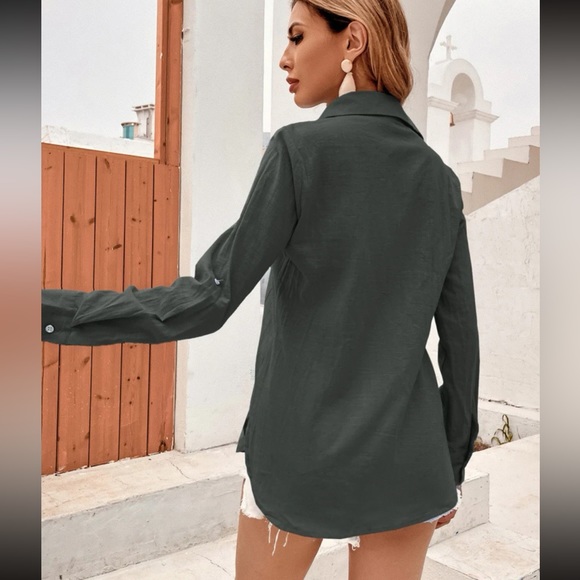 GRAY BUTTON DOWN LONG SLEEVE TOP - Picture 3 of 6